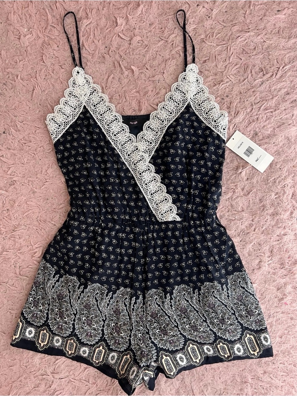 Navy Paisley Lace-Trim Chemise Romper with White Crochet Detail